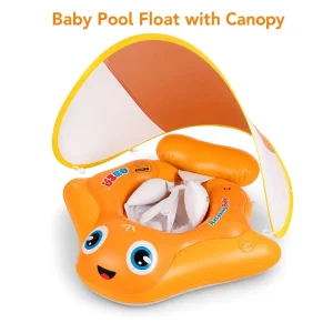 Baby Pool Float with Canopy Inflatable Baby Swim Float Seat Orange Sea Animal Toddler Pool Float for Summer OEM
