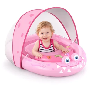 Baby Pool Float with Canopy Inflatable Pink Baby Swim Seat Cartoon Infant Pool Float for Toddlers