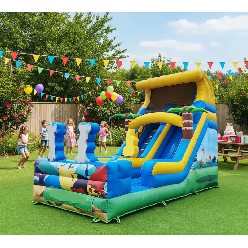 Castillo hinchable de palmera para jardín con tobogán, tobogán acuático para adultos, rebote inflable de dibujos animados