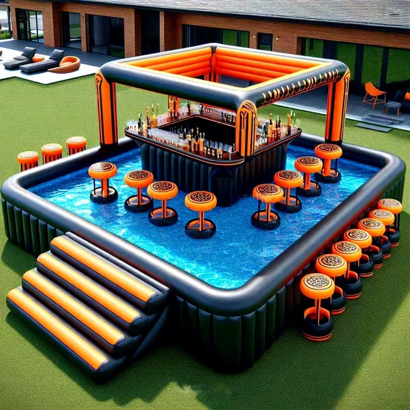 Casa de pub flotante de PVC para fiestas en el patio trasero, cama de agua inflable, set de bar de agua para adultos