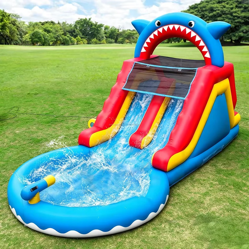 Castillo hinchable de agua con tobogán Backyard Shark, combo húmedo y seco, duradero y perfecto para fiestas de verano y cumpleaños