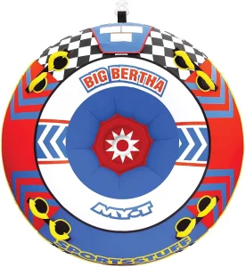 Big Bertha 1 4 Rider Towable Tube for Boating Yellow Red Blue Dimensions Inflated 68in Deflated 74in