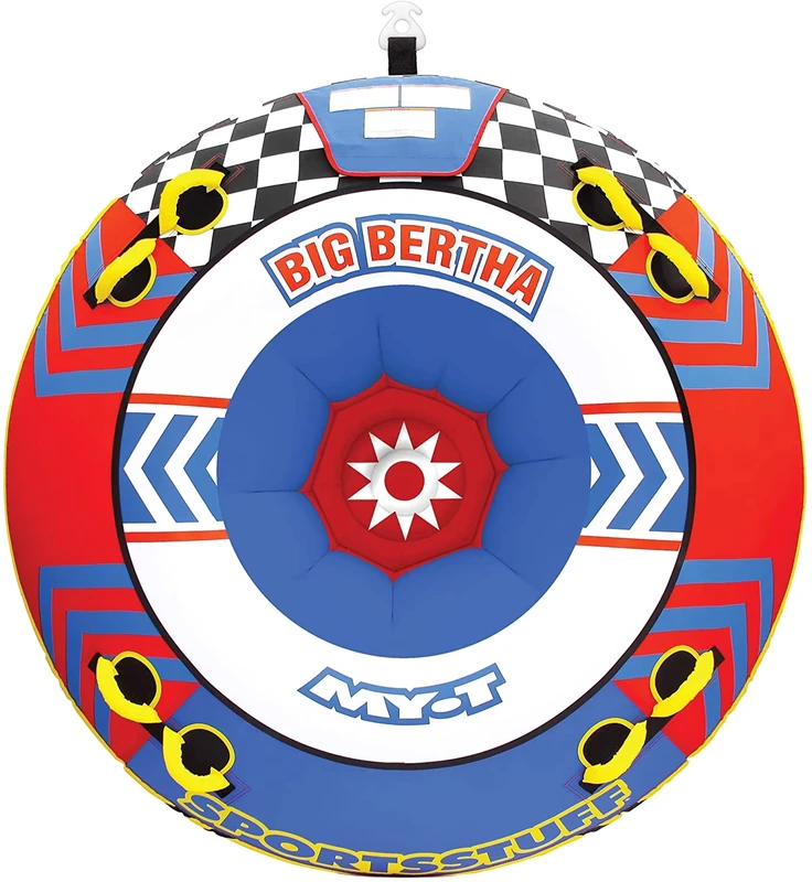 Big Bertha 1 4 Rider Towable Tube for Boating Yellow Red Blue Dimensions Inflated 68in Deflated 74in
