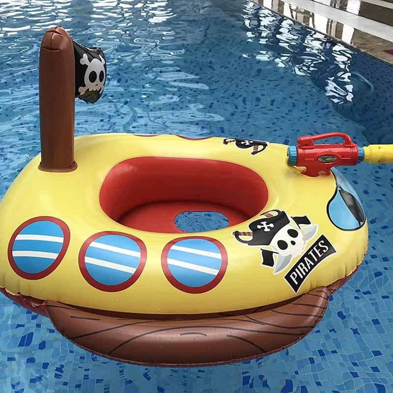 Flutuador de Piscina Inflável Gigante em Forma de Barco Pirata para Crianças com Pistola de Água Integrada