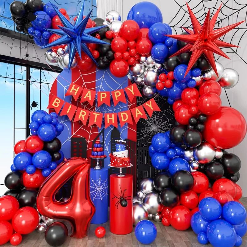Kit de guirlanda de arco de balões preto, vermelho e azul com balões de folha e faixa de feliz aniversário para festa de aniversário