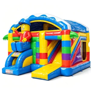 Block Builder Themed Inflatable Bounce House Combo Slide Kids Brick Adventure Play Castle Commercial Grade PVC Material