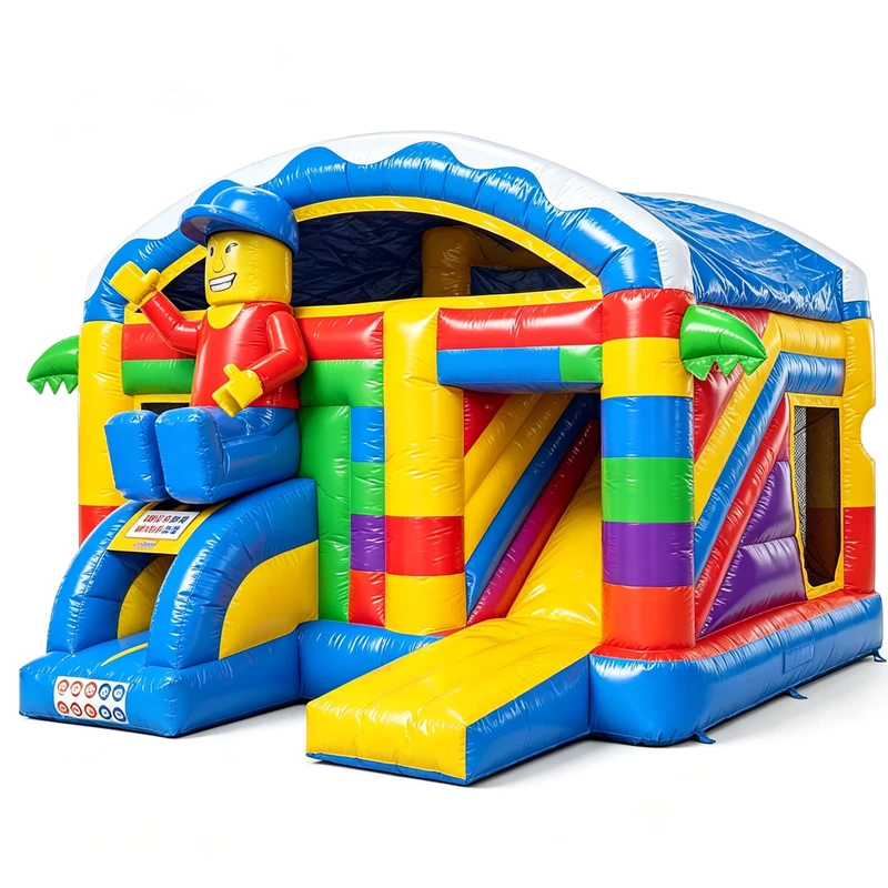 Block Builder Themed Inflatable Bounce House Combo Slide Kids Brick Adventure Play Castle Commercial Grade PVC Material