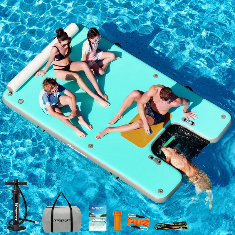 Blow Up Inflatable Floating Dock Mat Giant Raft with Ladder Dog Water Ramp for Multi Person Water Party and Relax