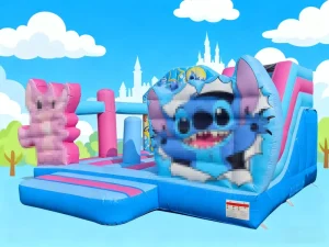 Blue Cartoon Anime Style 0.55mm PVC Inflatable Bouncy Castle 15 Person Max 500KG Kids Outdoor Amusement Slide Easy Setup Blower