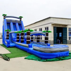 Blue Dual Lane Waterslide Inflatable Tropical Water Slide with Pool Adults Party Large Slip Inflatable Water Slide
