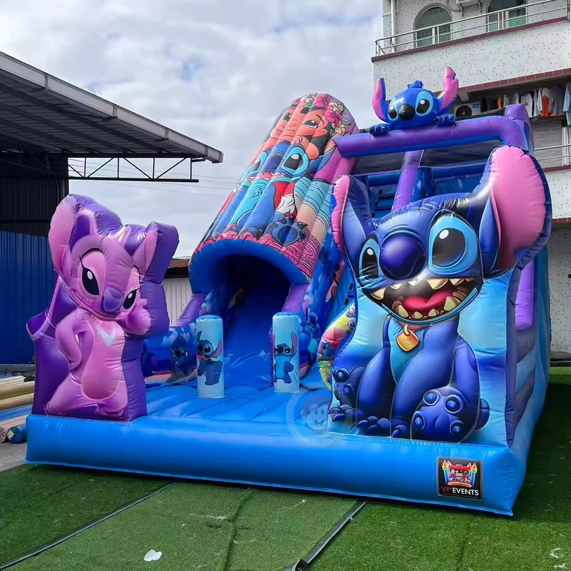 Blue Inflatable Slide Commercial Cartoon Stitches Toys Moonwalk Bounce with Slide Toys