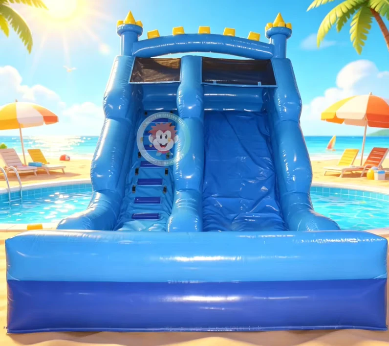 Tobogán inflable azul comercial con piscina de agua