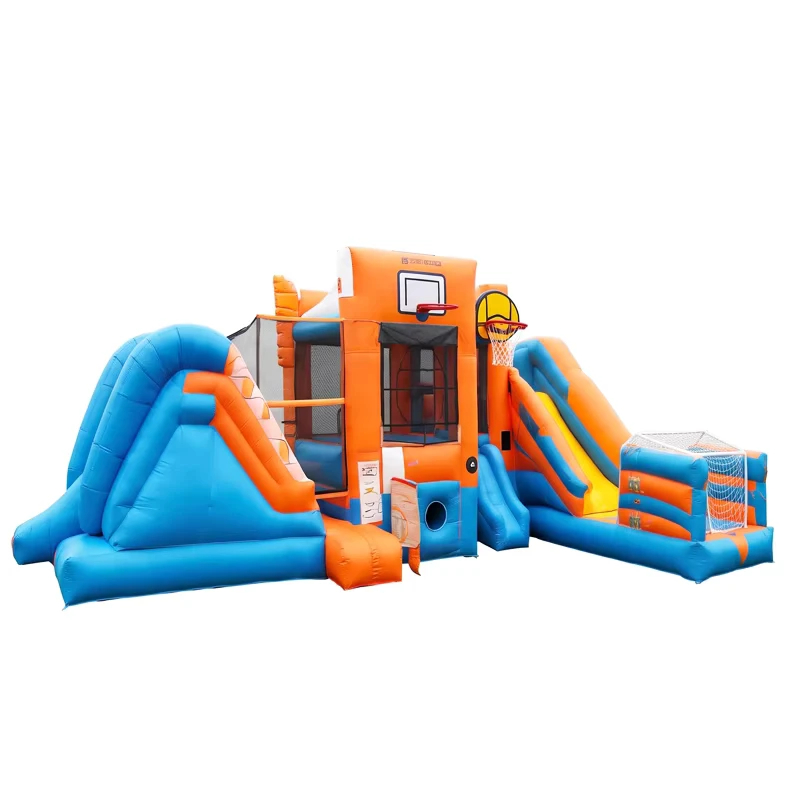 Maison gonflable combo bleu orange avec toboggans doubles, panier de basket, château gonflable pour location de fête pour enfants, PVC robuste