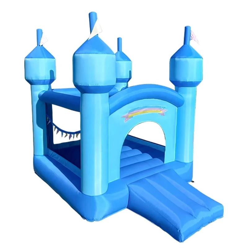 Castello gonfiabile blu all'aperto per due bambini, piccola casa da salto