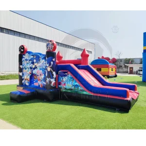 Blue Red Cartoon Themed Inflatable Bounce House with Slide Commercial Super Hero Character Inflatable Combo for Kids Party