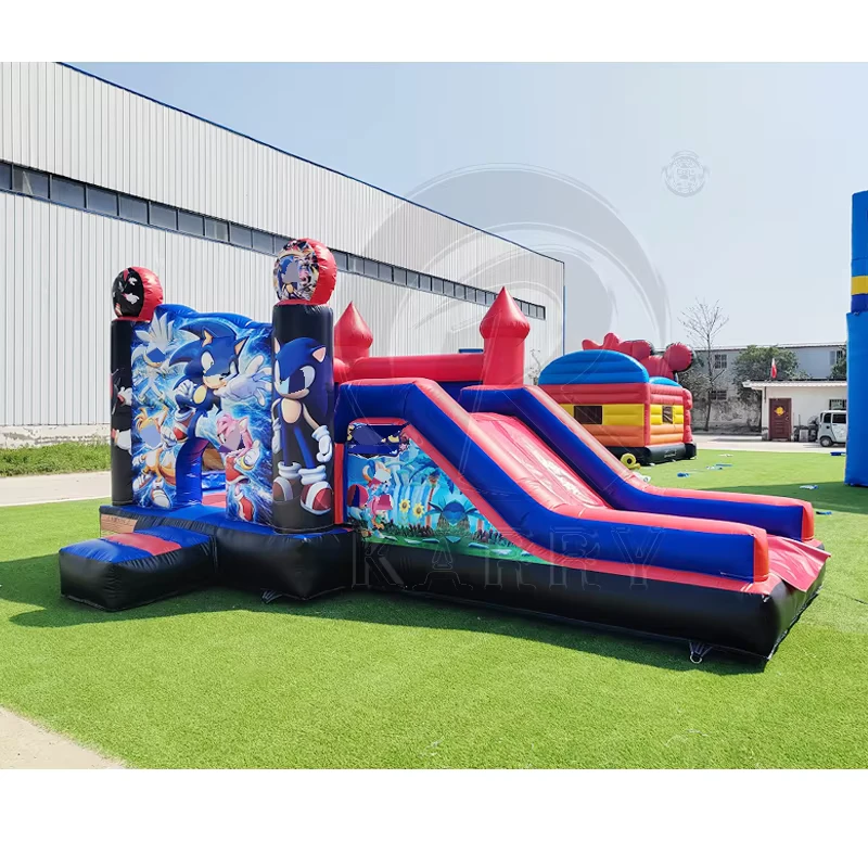 Castello Gonfiabile a Tema Cartone Animato Blu e Rosso con Scivolo - Combo Gonfiabile Personaggio Supereroe per Feste per Bambini