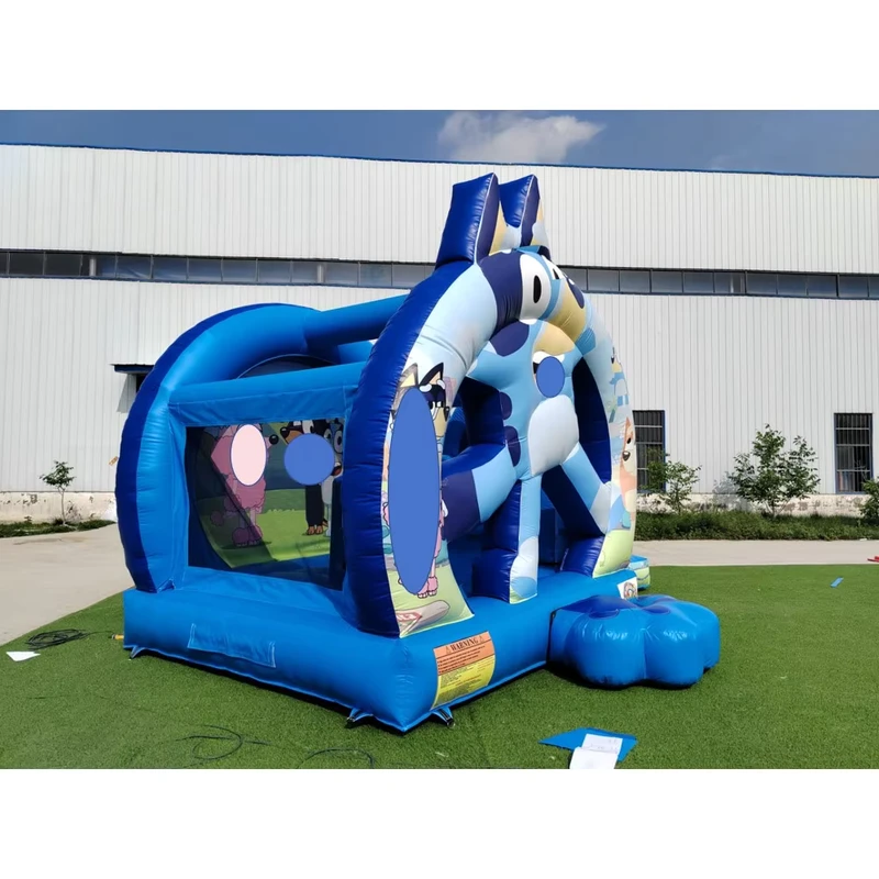 Blauw thema opblaasbaar springkasteel met glijbaan, cartoon koraalpatroon, kids springcombinatie, buiten commerciële verhuur voor feesten