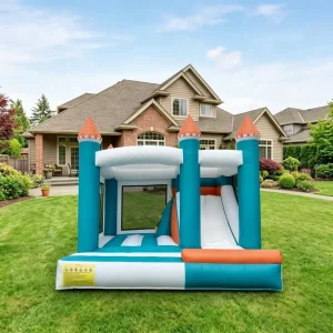 Blue White Castle Inflatable Bouncy Castle with Attached Slide Kids PVC Combo Bounce House Inflatable for Home Use
