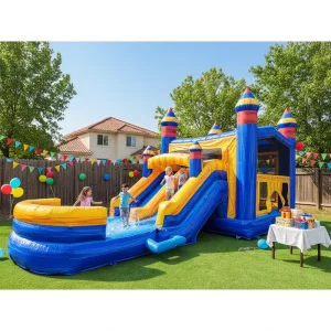 Blue Yellow Castle Triple Lane Inflatable Water Bounce Combo Commercial Fortress Jumping with Pool for Summer Party Rentals