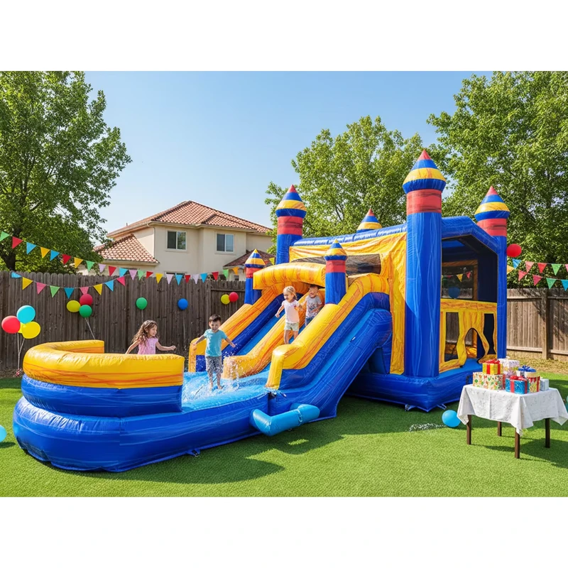 Blue Yellow Castle Triple Lane Inflatable Water Bounce Combo Commercial Fortress Jumping with Pool for Summer Party Rentals