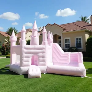 바운스 하우스 파스텔 핑크 인플레이터블 성 슬라이드 포함, 상업용 점핑 성 파티 웨딩 프린세스 요새