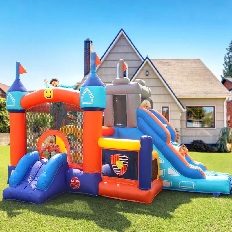 Castelo Inflável Comercial para Adultos e Crianças, Combo de Casa Inflável com Escorrega, Jogo de Arremesso de Anéis, Cesta de Basquetebol e Obstáculo