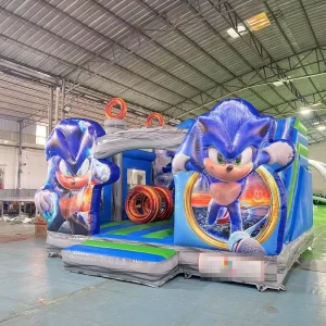 Bouncy Castle with Blue Inflatable Water Slide Sonic Inflatable Bounce House for Party Rental Kid’s Jumping Castle Combo