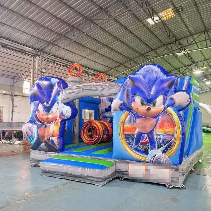 Luftburg mit blauer aufblasbarer Wasserrutsche Sonic aufblasbares Sprunghaus für Partyverleih Kinder-Springburg-Kombination