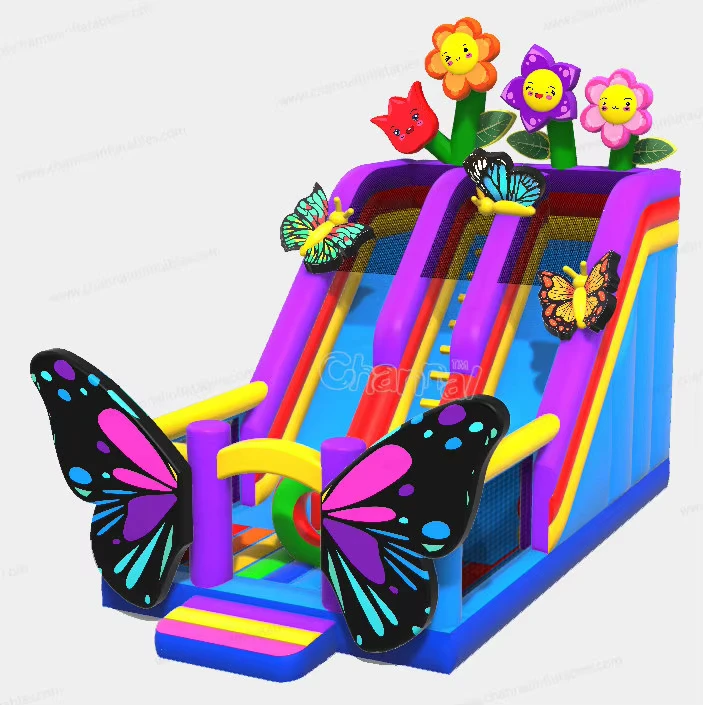 Castillo inflable de mariposas, tobogán de flores de primavera, piscina personalizada, tobogán seco de doble carril