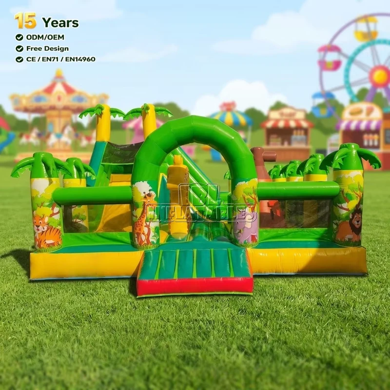 CE Certified Commercial 0.55mm PVC Jungle Animal Inflatable Playground Bounce House Slide Combo for Business Rental