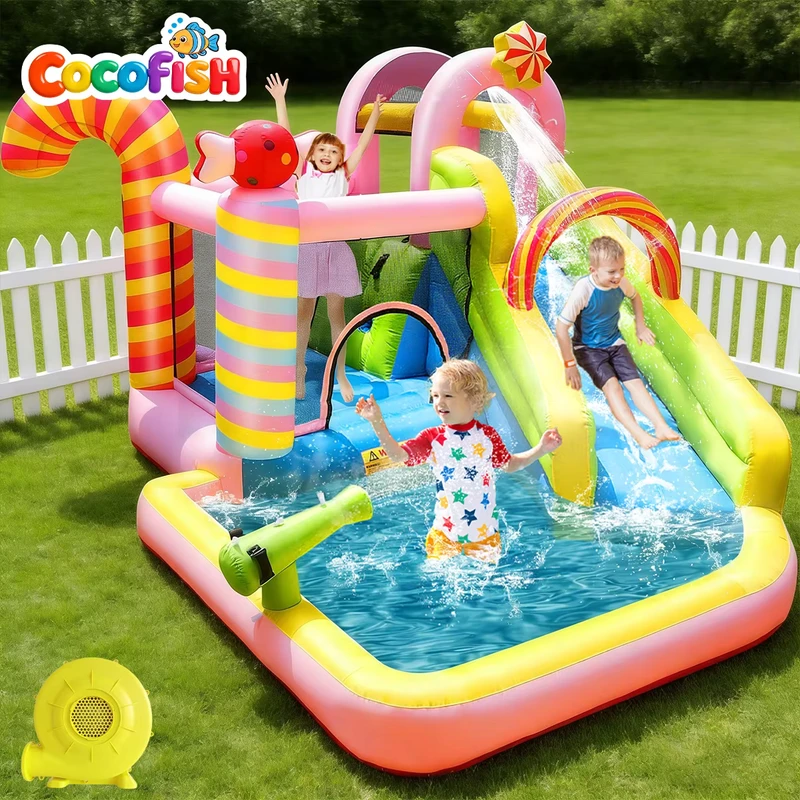 Castello Gonfiabile Stile Candy con Scivolo Acquatico Combo in Materiale Oxford per Feste di Compleanno per Bambini