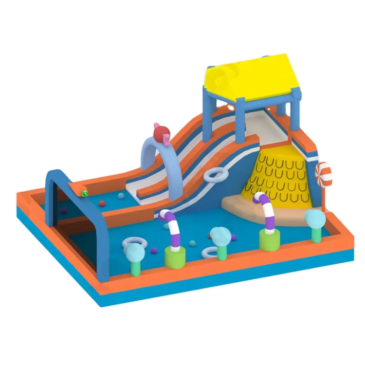 Castelo Inflável de Balanço Temático de Doces com Escorrega e Piscina de Bolinhas para Crianças em Festas ao Ar Livre