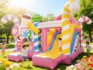 Candy World Structure Inflatable Bouncy Castle Combo Slide for Kids Parties 0.55mmPVC Material Blower Easy Setup Customized