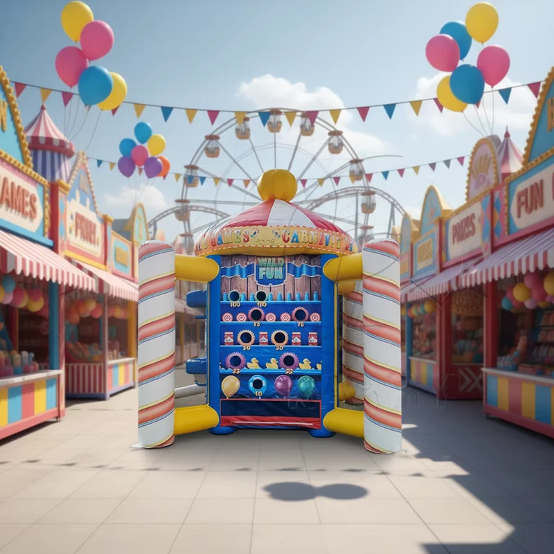 Juego de lanzamiento de pelotas inflables con temática de carnaval, estilo circo, objetivo interactivo para eventos de fiesta