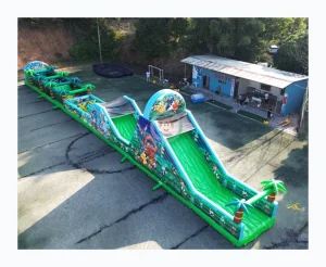Cartoon Green Inflatable Obstacle Course Play Sport Moonwalk Bouncing Obstacle Inflatable Game with Slide Combo