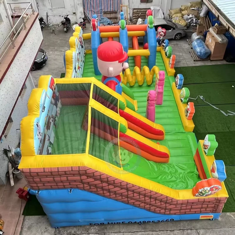 カートゥーンインフレータブルバウンス スライド付き障害物コンボ 商業用インフレータブルファンシティパーク 子供用プレイ