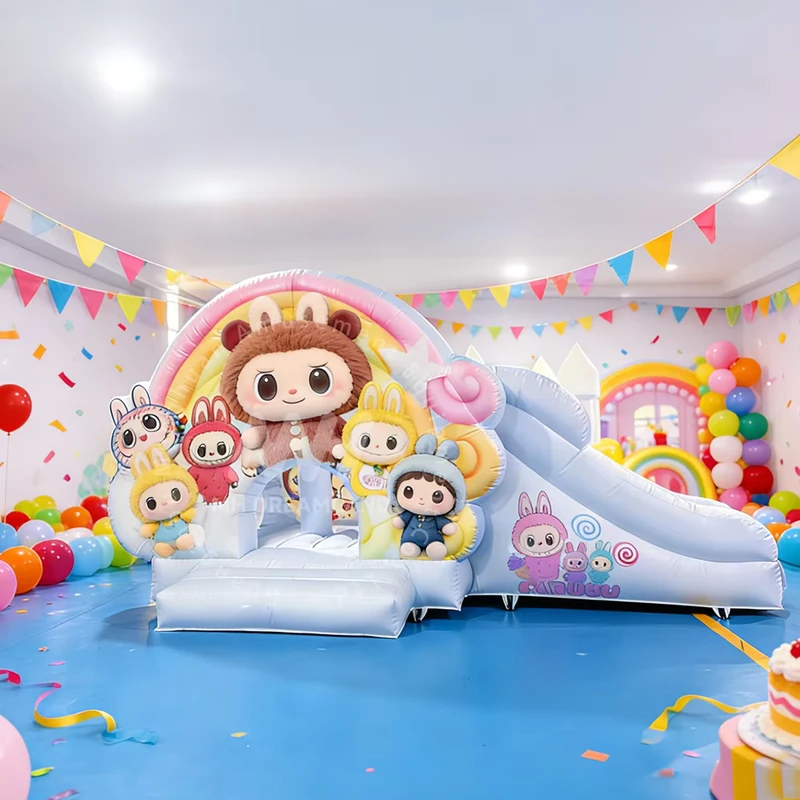 Château Gonflable Cartoon avec Toboggan Combo Maison de Saut Moonwalk Bouncer pour Enfants Durable et Facile