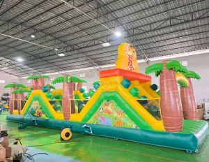 Cartoon Jungle Theme Inflatable Obstacle Course with Slide Commercial Inflatable Obstacle Play Sport Toys