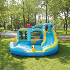 Children’s Inflatable Bouncing Castle with Cute Animal Design Blue Bouncy Castle for Home Backyard