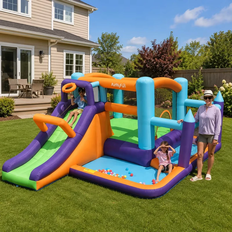 Kastil Bounce Air Anak-Anak, Seluncuran Air, Rumah Bounce Multifungsi untuk Penggunaan Komersial Luar Ruangan, Mudah Dipasang, Tema Hewan
