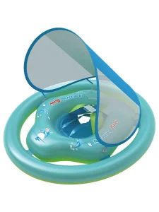 Children’s PVC Inflatable Double Ring Swimming Ring Pool Float with Stable Belt and Detachable Sunshade for Summer Use