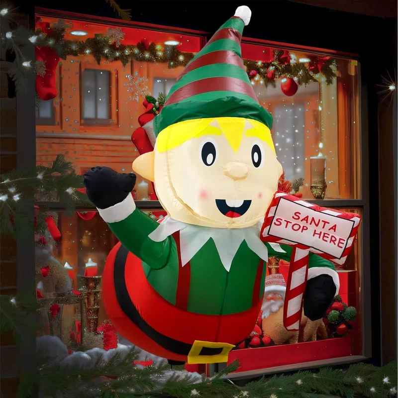 Christmas Inflatable Elf Window Decoration 3.5FT Blow up Lighted Weatherproof Elf for Indoor Outdoor Holiday Yard Party Decor