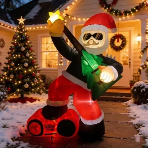 Christmas Inflatable Rock Star Santa with LED Lights 6ft Blow up Santa Guitar Yard Decoration PVC Material Eco-Friendly Washable