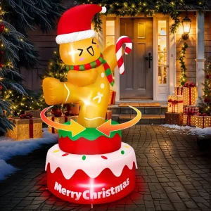 Christmas Inflatable Rotating Gingerbread Man on Cake Yard Decoration with Built in LED Lights for Outdoor Holiday Party