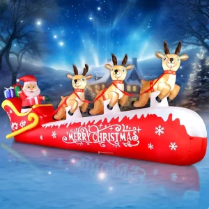 Christmas Inflatable Santa Claus on Sleigh with 3 Reindeers Outdoor Decorations with LED Lights