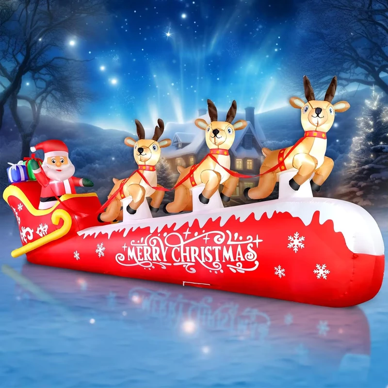 Pai Natal Inflável de Natal em Trenó com 3 Renas, Decorações Exteriores com Luzes LED