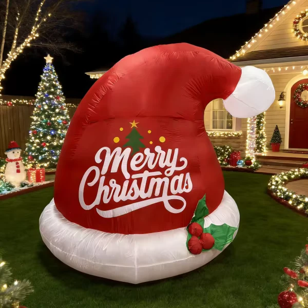 Christmas Inflatable Santa Hat with LED Lights Waterproof Polyester 5FT Factory Outdoor Holiday Decor