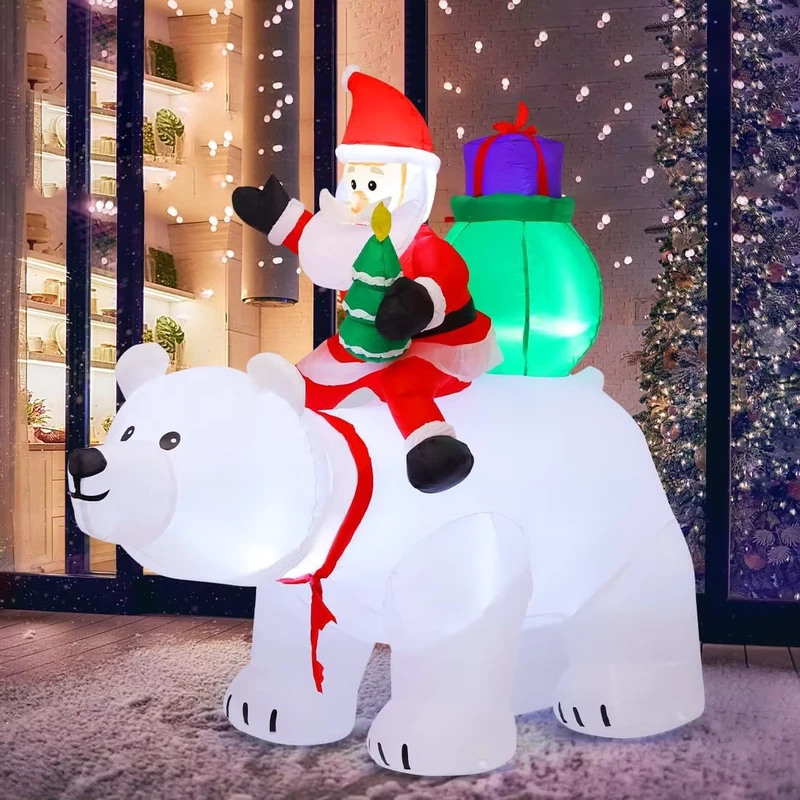 Cây thông Giáng sinh bơm hơi Ông già Noel cưỡi gấu với đầu lắc lư trang trí ngoài trời, đồ trang trí sân vườn có đèn LED