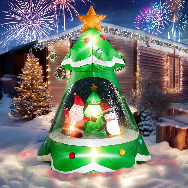 Décorations de Noël gonflables en forme d'arbre avec Père Noël et pingouin pour fêtes en extérieur