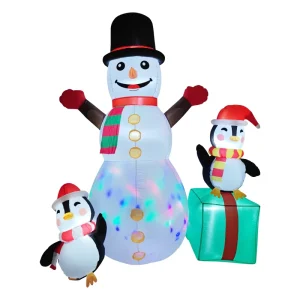 Christmas Plastic Inflatable Snowman with Penguins Rotating LED Lights Weatherproof Outdoor Yard Decoration White 6FT
